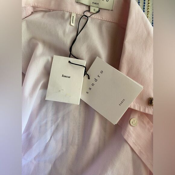 Sandro Women Shirt  French Casual Sz 0 Pink And White Striped Jeweled Button NWT - Picture 16 of 16